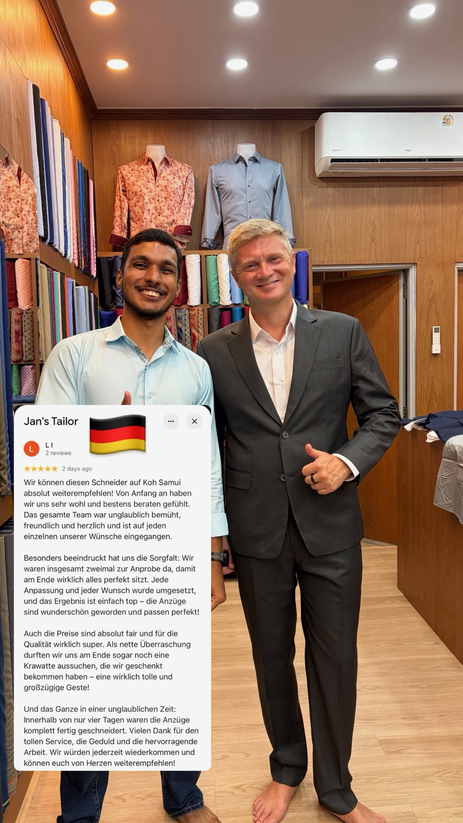 Client in a charcoal suit with a 5-star review
