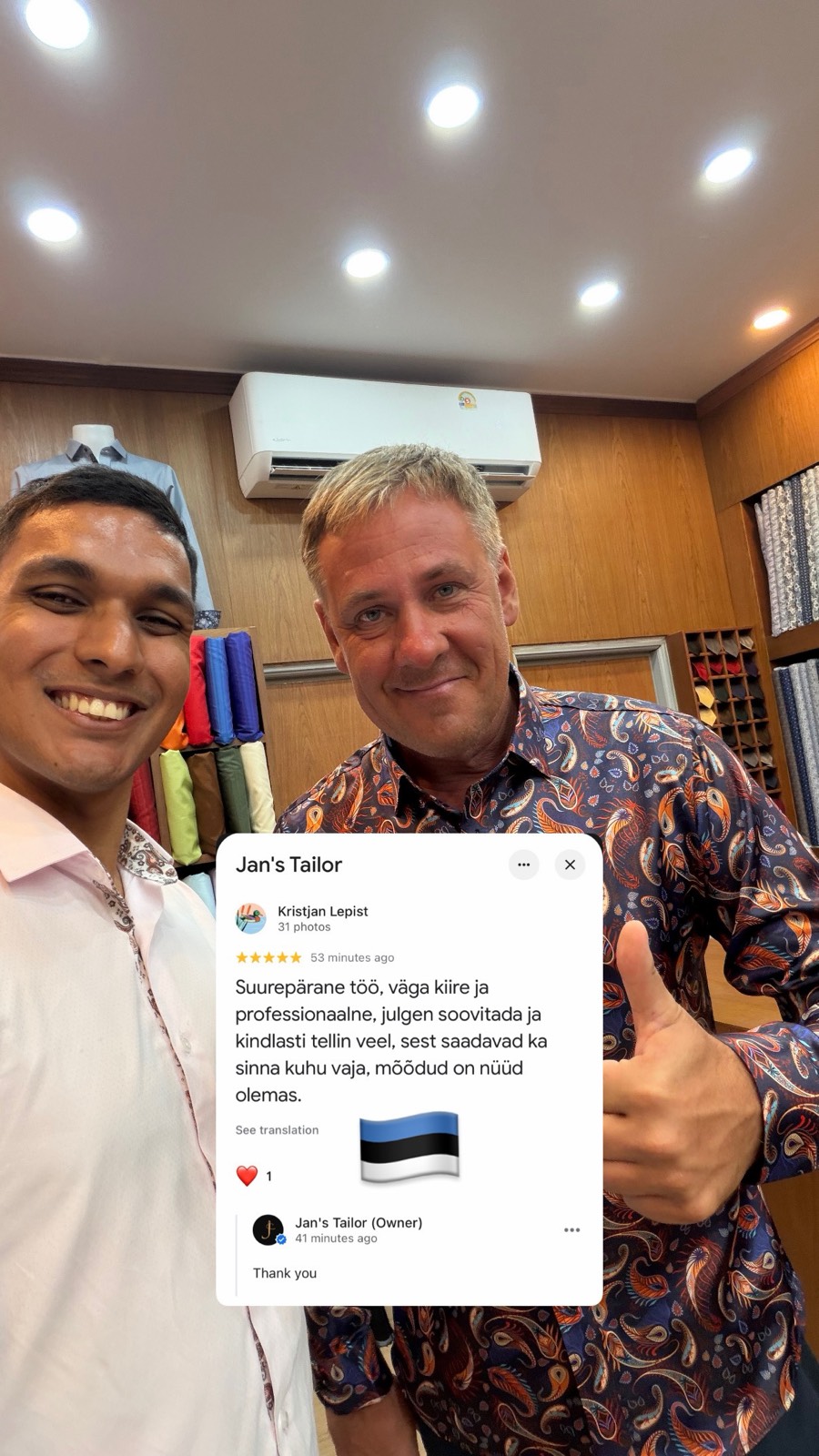 Client wearing a custom paisley shirt with a 5-star review