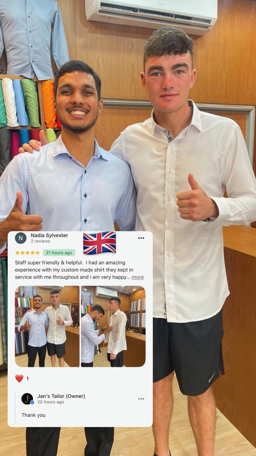 Client and tailor with a custom white shirt and a 5-star review
