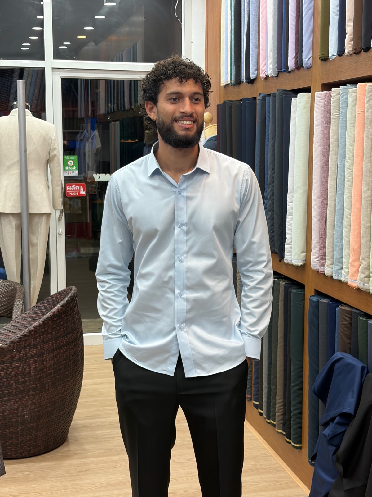 Client in a light blue dress shirt