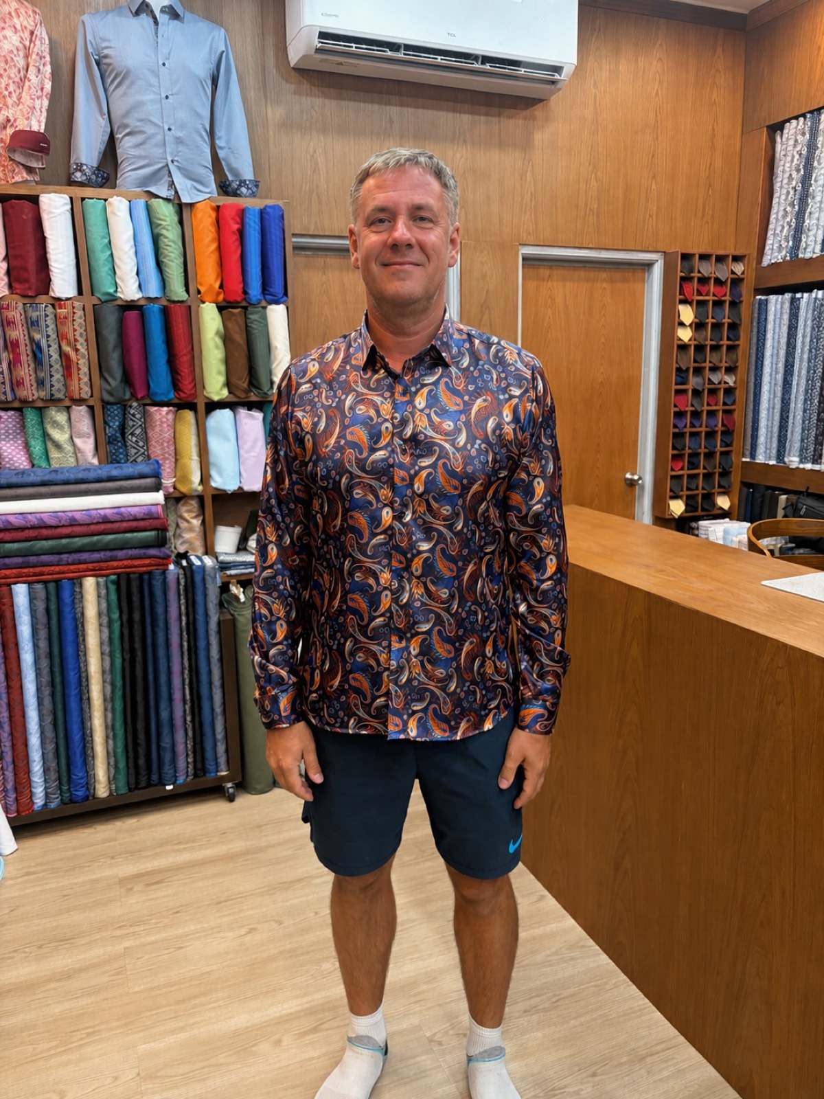 Close-up of the custom paisley print shirt